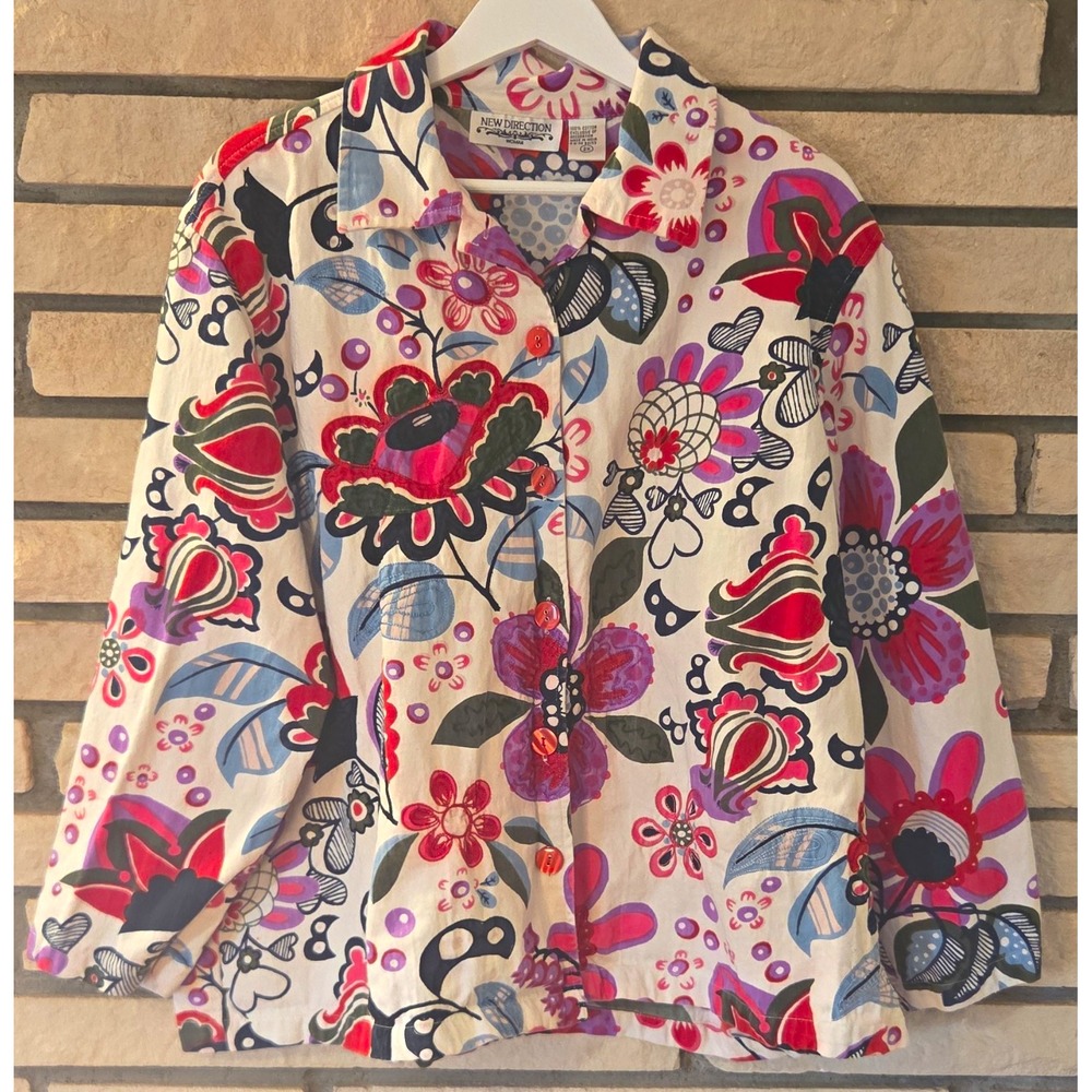 New Direction Womens Button-Up Floral Collared Long Sleeve Cotton Top 2X